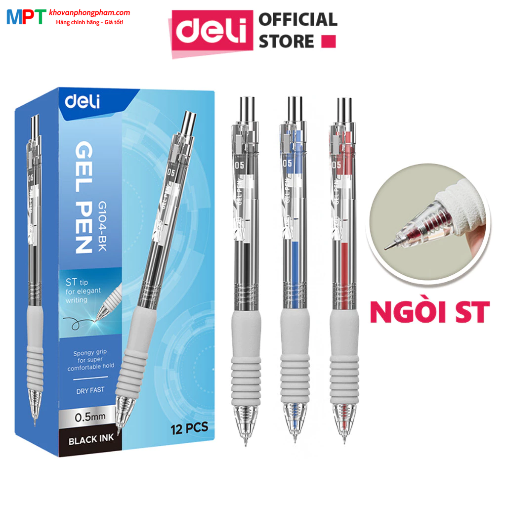 Bút Gel đệm xốp Deli G104 ngòi ST 0.5mm - viết trơn, nhanh khô