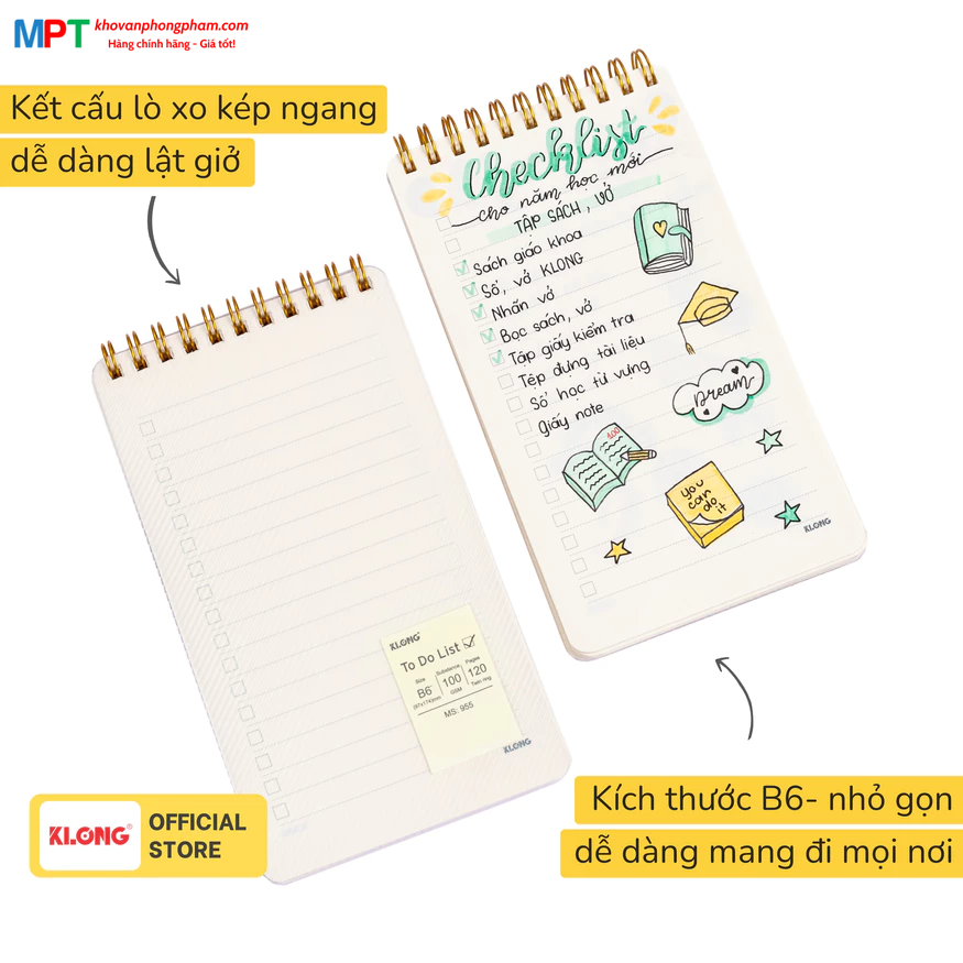 Sổ lò xo KLONG To Do List kép bìa nhựa 2 mặt khổ B6 120 trang 955 - Định lượng 100gsm - Kích thước 97x174mm