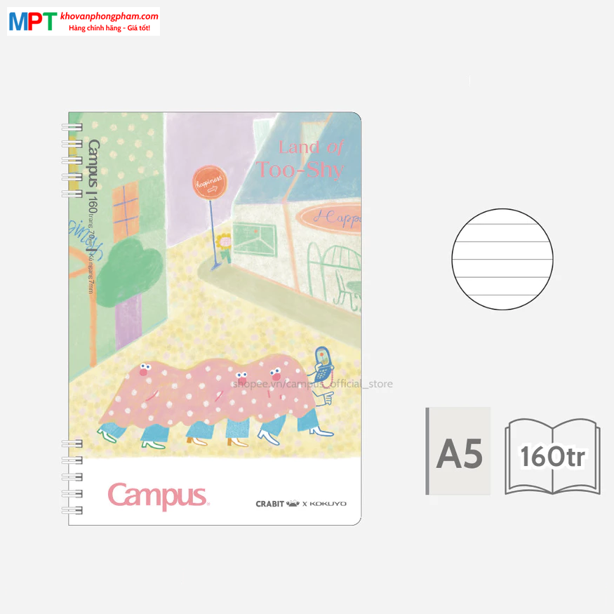 Sổ lò xo A5 Campus Land of Too Shy 2 đầu 160 trang - Dòng kẻ ngang - Định lượng 70gsm, kích thước 148x210mm
