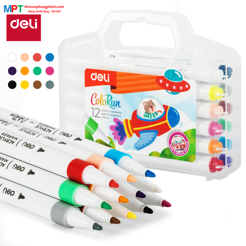 Bút sơn Acrylic Marker ngòi nét nhỏ 12 màu Deli C189-12 - Chống nước vẽ trên mọi chất liệu, Tô màu DIY vẽ giày vải, chai lọ