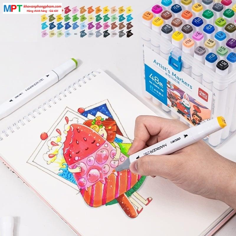 Bút lông màu Marker 2 đầu 48 màu Deli 70816-48 - Hộp nhựa, tô màu vẽ tranh chuyên nghiệp