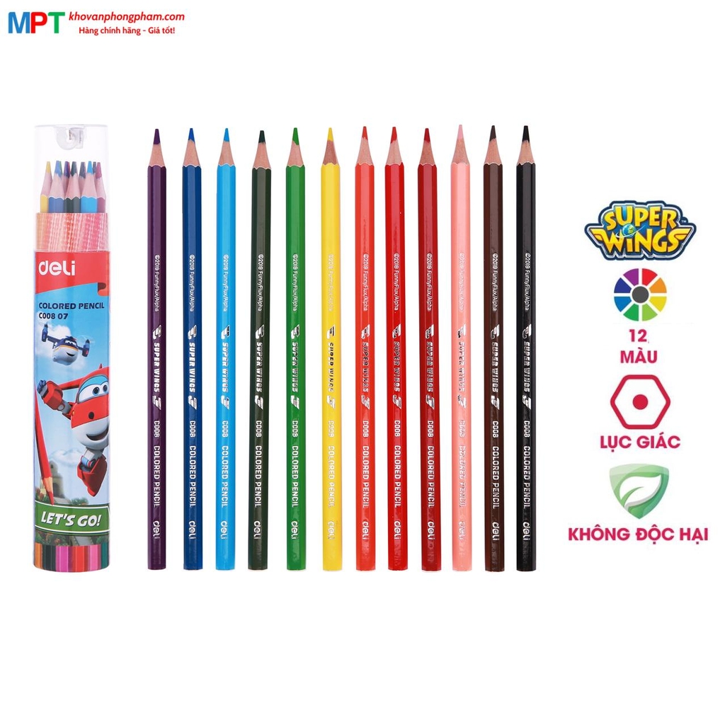 Bút chì màu 12 màu Deli EC00807 - Họa tiết Super Wings kèm gọt chì