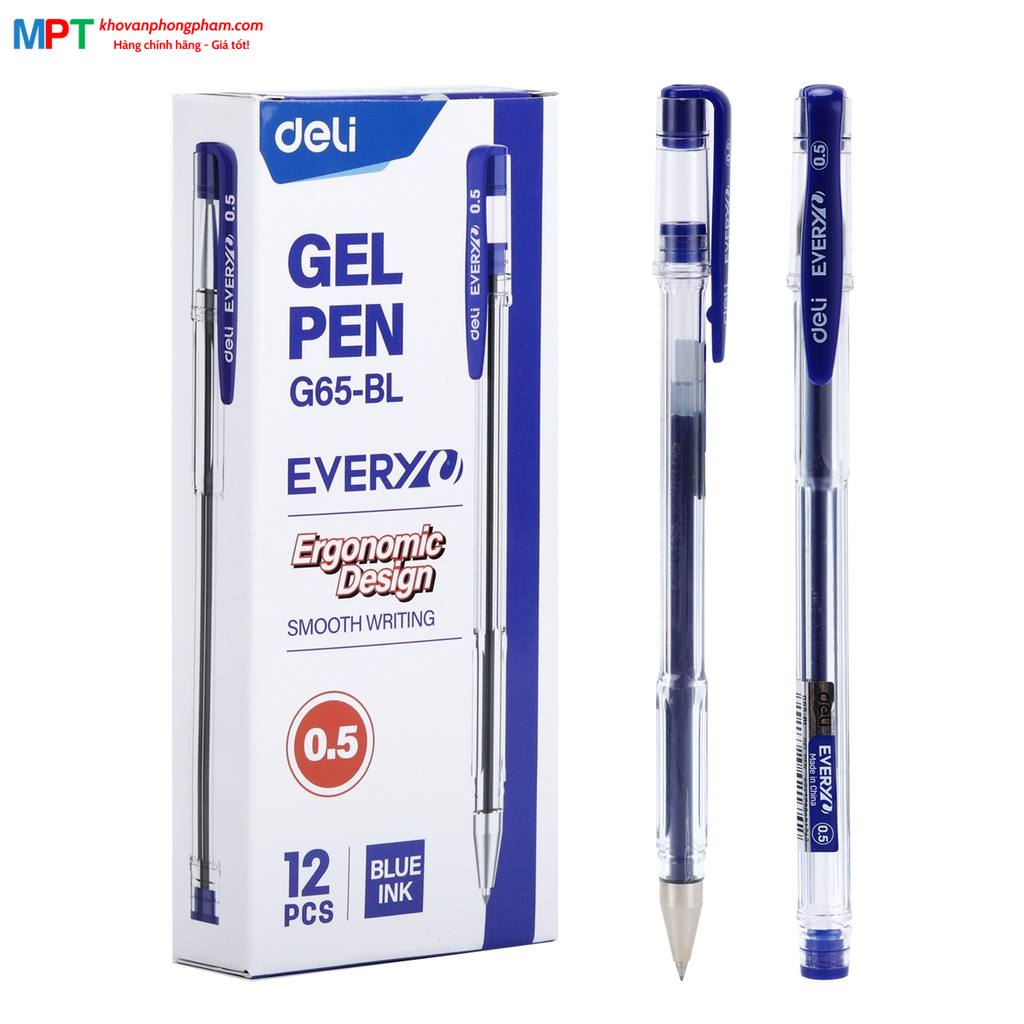 Bút gel Deli EG65-BL ngòi 0.5mm - Mực xanh, thiết kế đậy nắp, mực ra đều