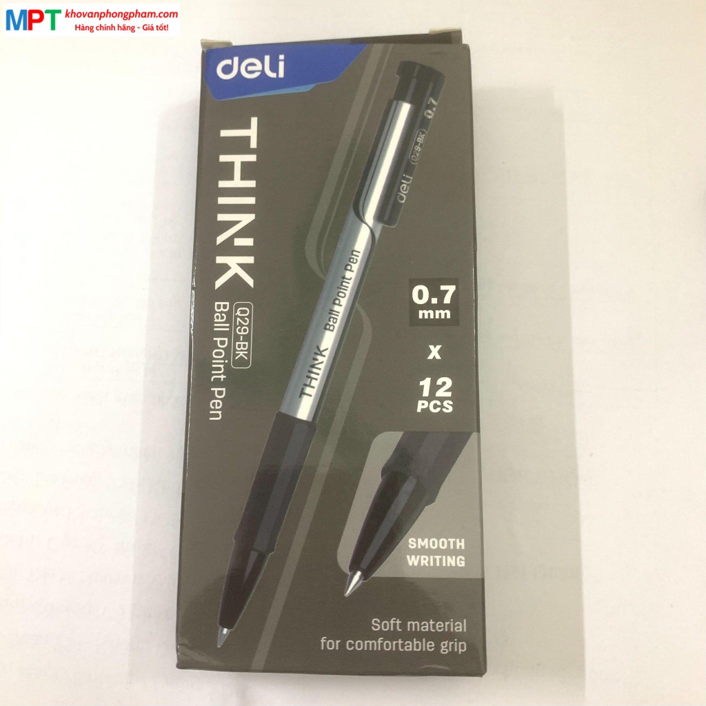 Hộp 12 Bút bi Deli Q29-BK Nét 0.7mm - Mực đen (Tặng kèm giấy nhớ 3 size cao cấp)