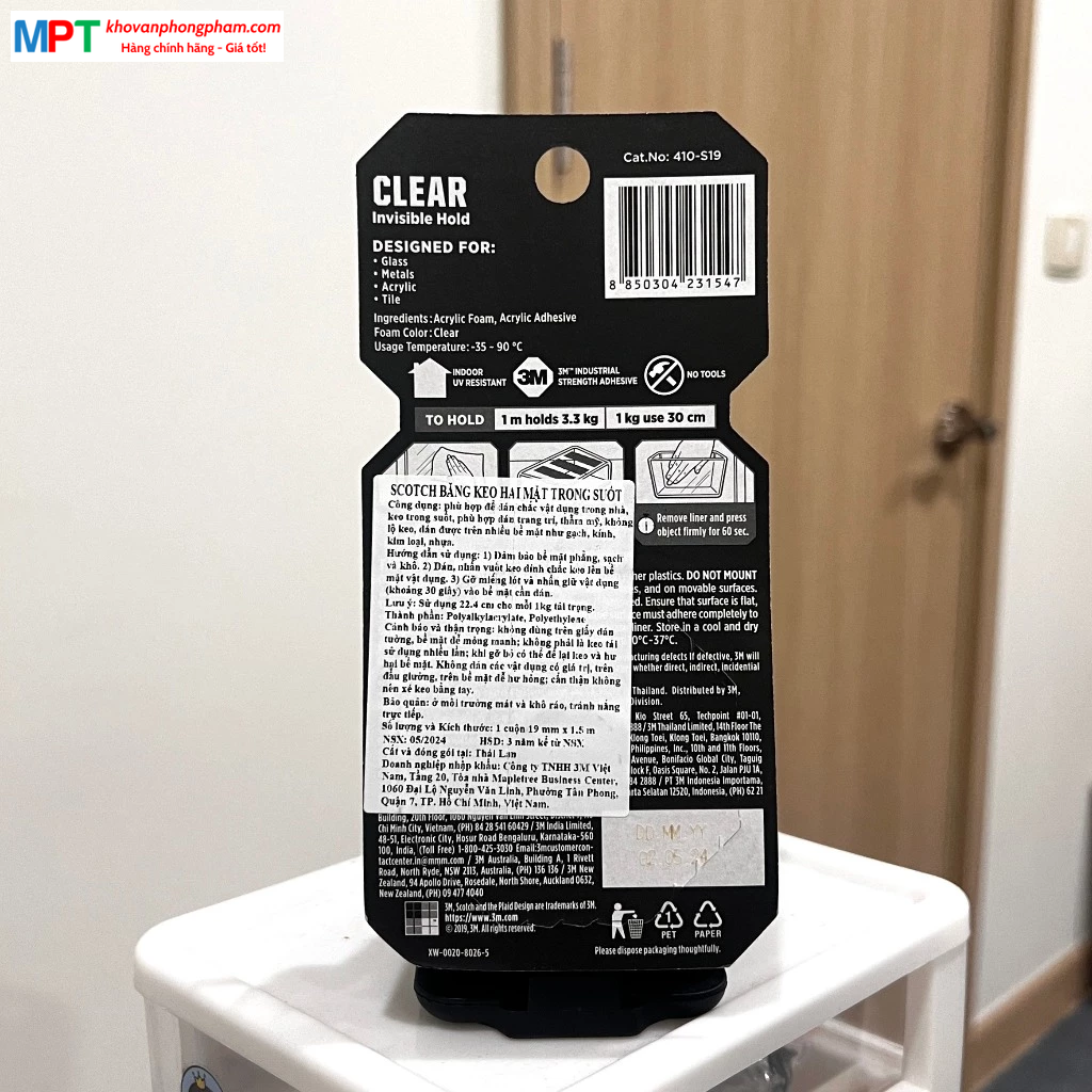 Băng dính hai mặt chịu lực trong suốt 3M SCOTCH 410-S19 - Kích thước: 19mm x 1.5m - chịu trọng tải 3,3kg - Nhập khẩu bởi 3M Việt Nam
