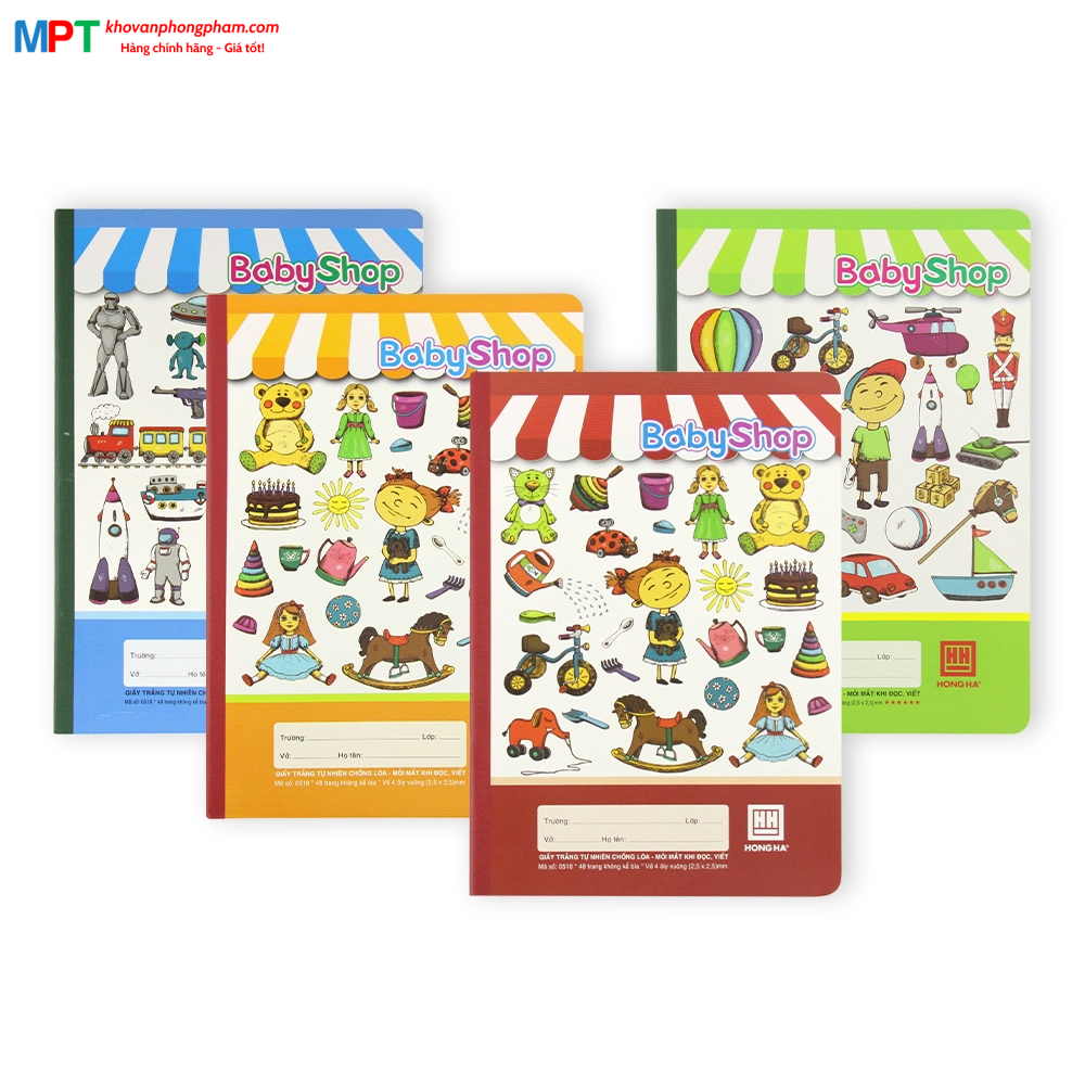 Vở 4 ô ly Hồng Hà 48 trang Baby Shop 0518 - Định lượng 100gsm, giấy vàng chống lóa mỏi mắt - Mua 10 quyển tặng 1 bút chì
