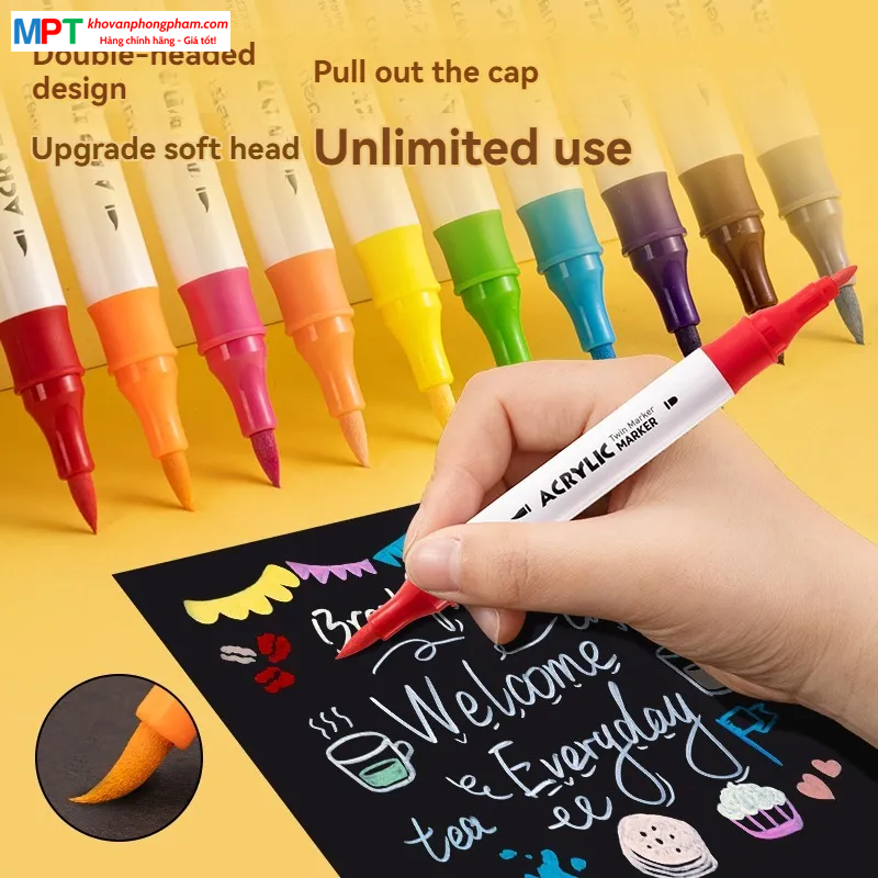 [TẶNG 1H BÚT CHÌ MÀU] Bút sơn Acrylic Marker 2 đầu 36 màu Deli HM924-36 - Chống nước vẽ trên mọi chất liệu