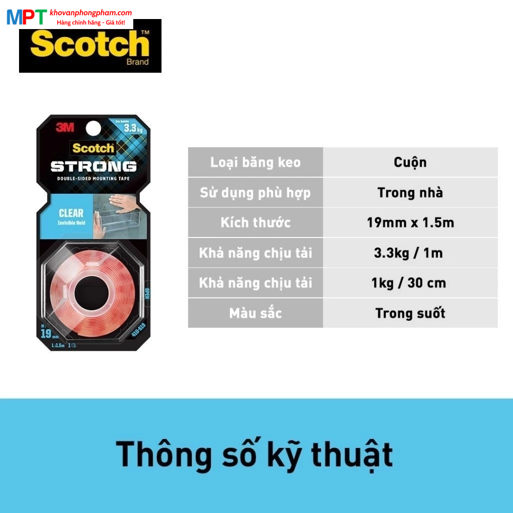 Băng dính hai mặt chịu lực trong suốt 3M SCOTCH 410-S19 - Kích thước: 19mm x 1.5m - chịu trọng tải 3,3kg - Nhập khẩu bởi 3M Việt Nam