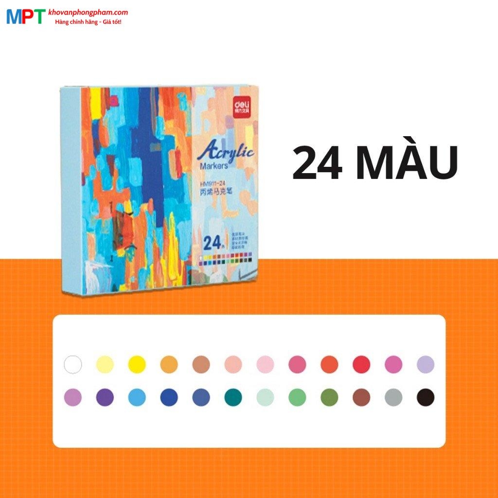 Bút sơn Acrylic Marker cao cấp 24 màu Deli HM911-24 - Chống nước vẽ trên mọi chất liệu, Tô màu DIY vẽ giày vải, chai lọ