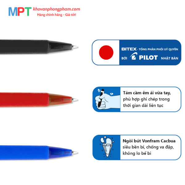Bút bi PILOT BP-1RT ngòi 0.7mm - Mực xanh (Viết siêu trơn, dùng để đi thi) - Xuất xứ Nhật Bản