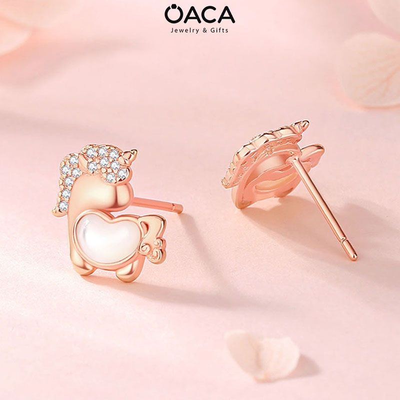 Bông tai bạc mạ vàng hồng Unicorn đá Moonstone trái tim