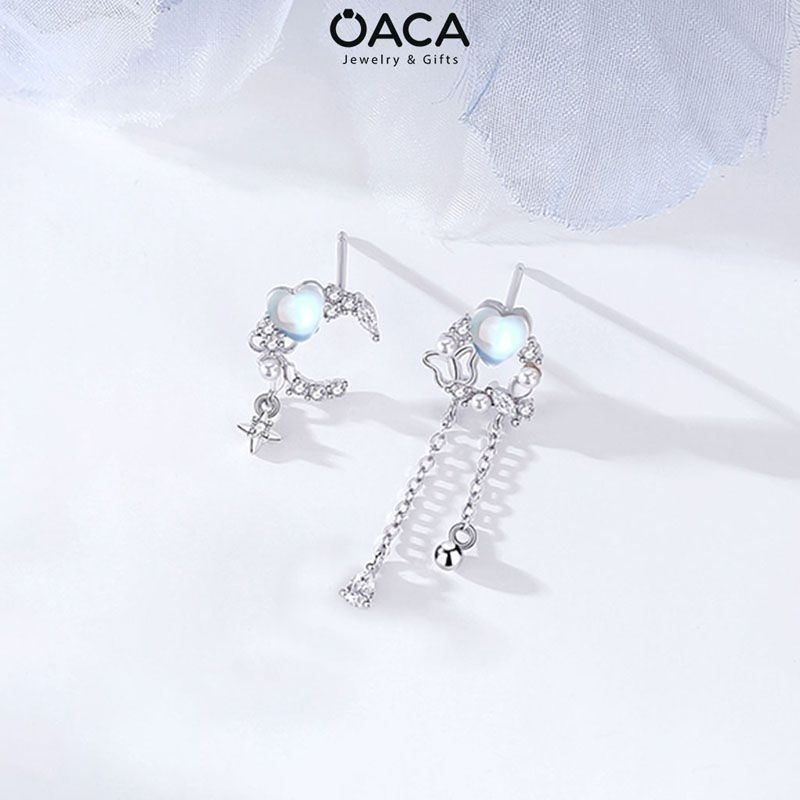 Bông tai bạc mạ vàng trắng đuôi dài đá Moonstone
