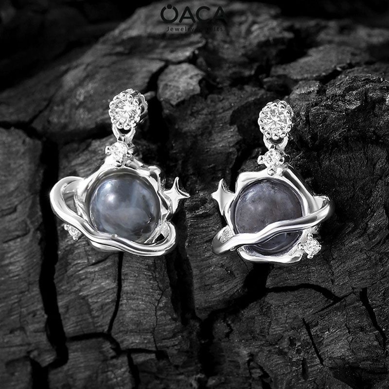 Bông tai bạc The Moon đá Obsidian đen huyền bí