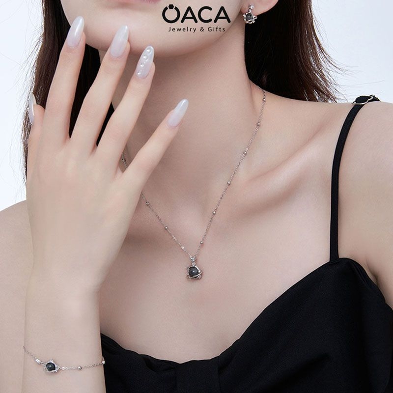 Bông tai bạc The Moon đá Obsidian đen huyền bí