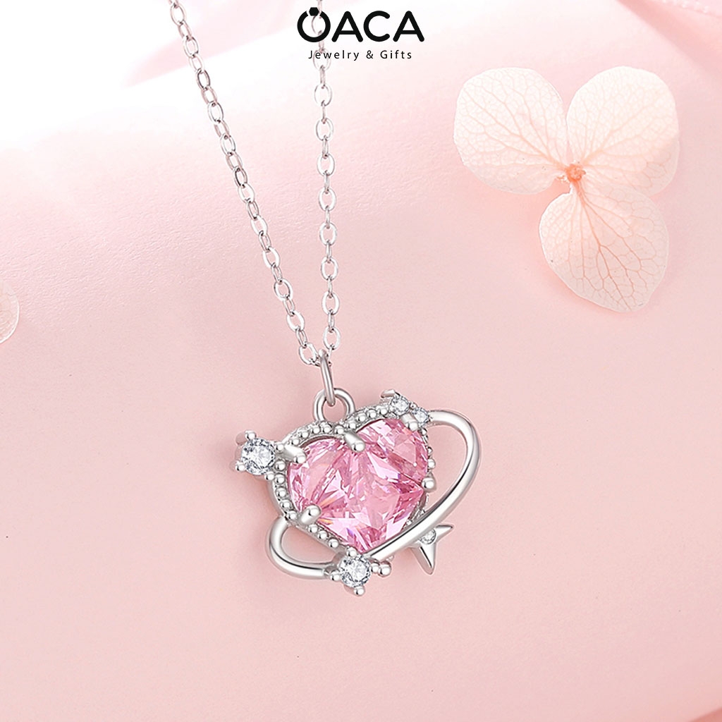 Dây chuyền bạc mạ vàng trắng Heart Planet đá CZ hồng