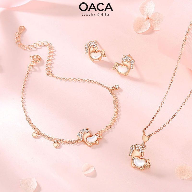 Lắc tay bạc mạ vàng hồng Unicorn đá Moonstone trái tim