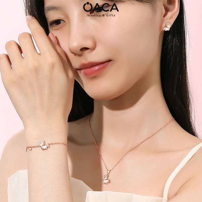 Lắc tay bạc mạ vàng hồng Unicorn đá Moonstone trái tim