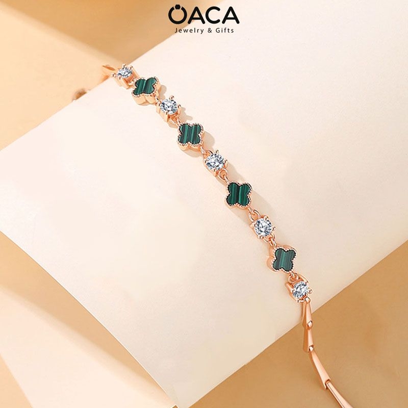 Lắc tay cỏ bốn lá Bạc mạ Vàng Hồng đá Malachite xanh
