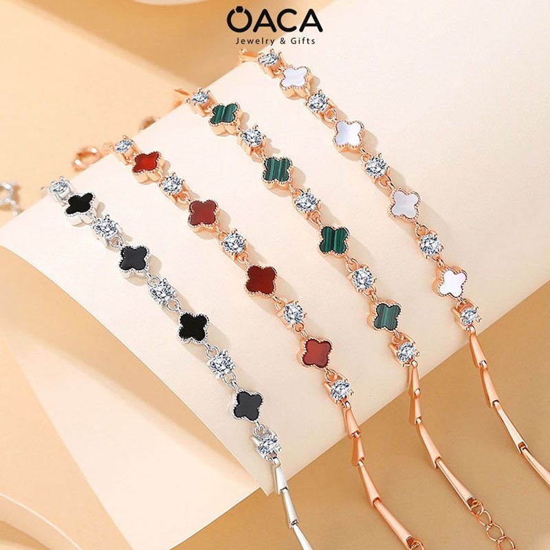 Lắc tay cỏ bốn lá Bạc mạ Vàng Hồng đá Malachite xanh