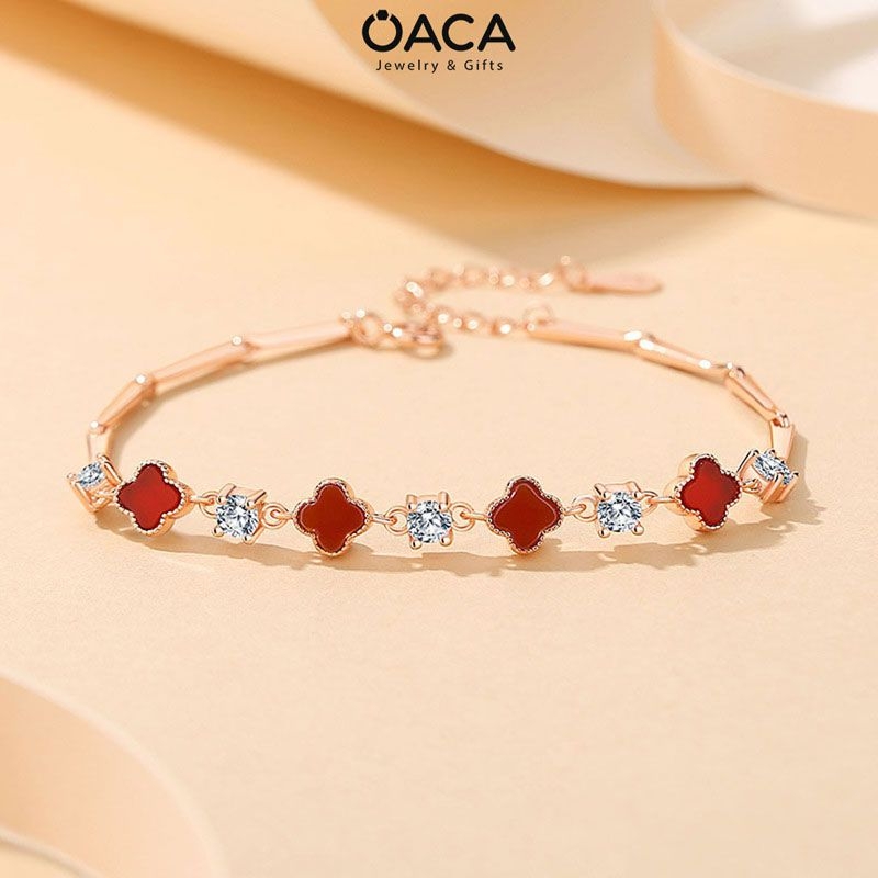 Lắc tay cỏ bốn lá Bạc mạ Vàng Hồng đá Mã Não đỏ