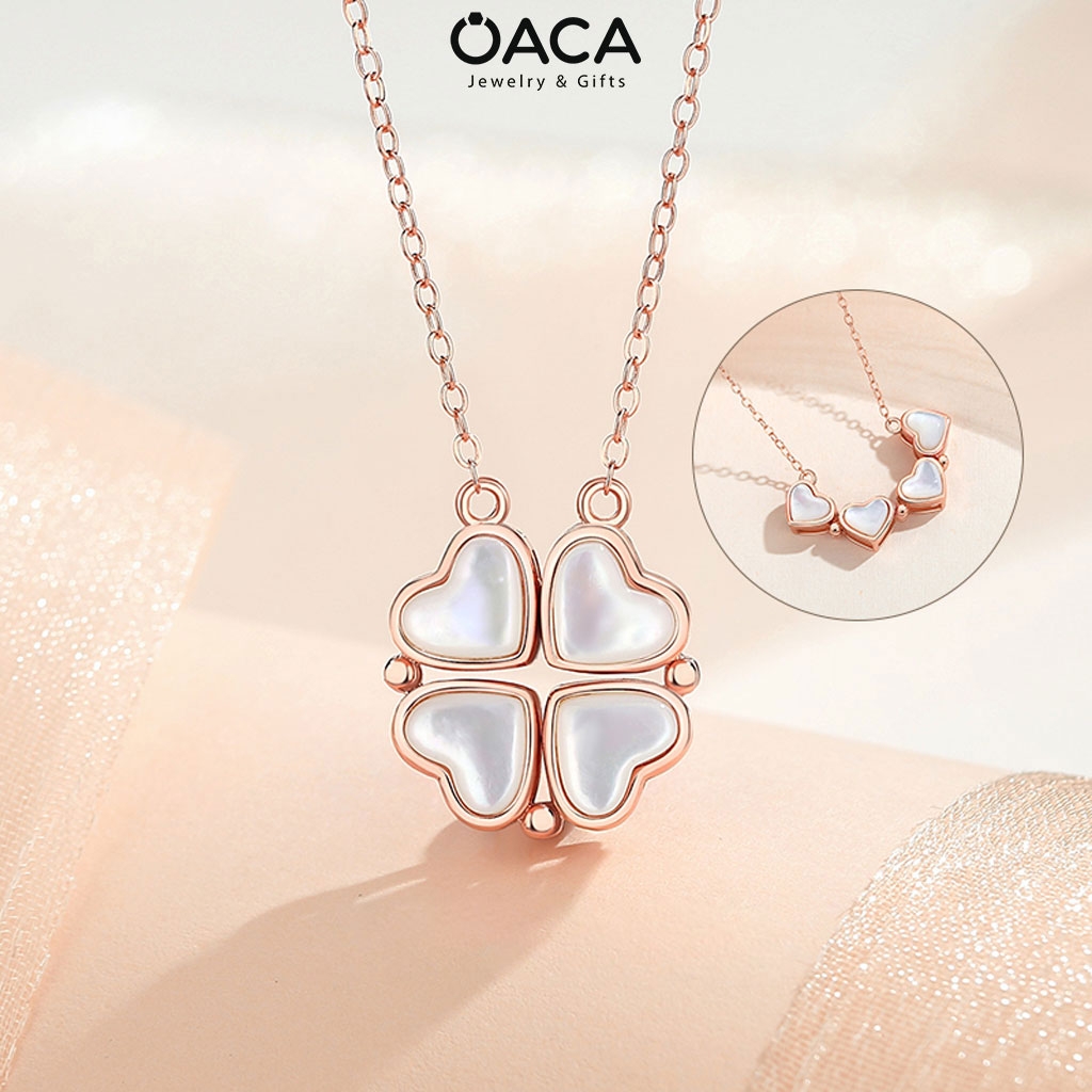 Dây chuyền bạc cỏ bốn lá trái tim đá Moonstone