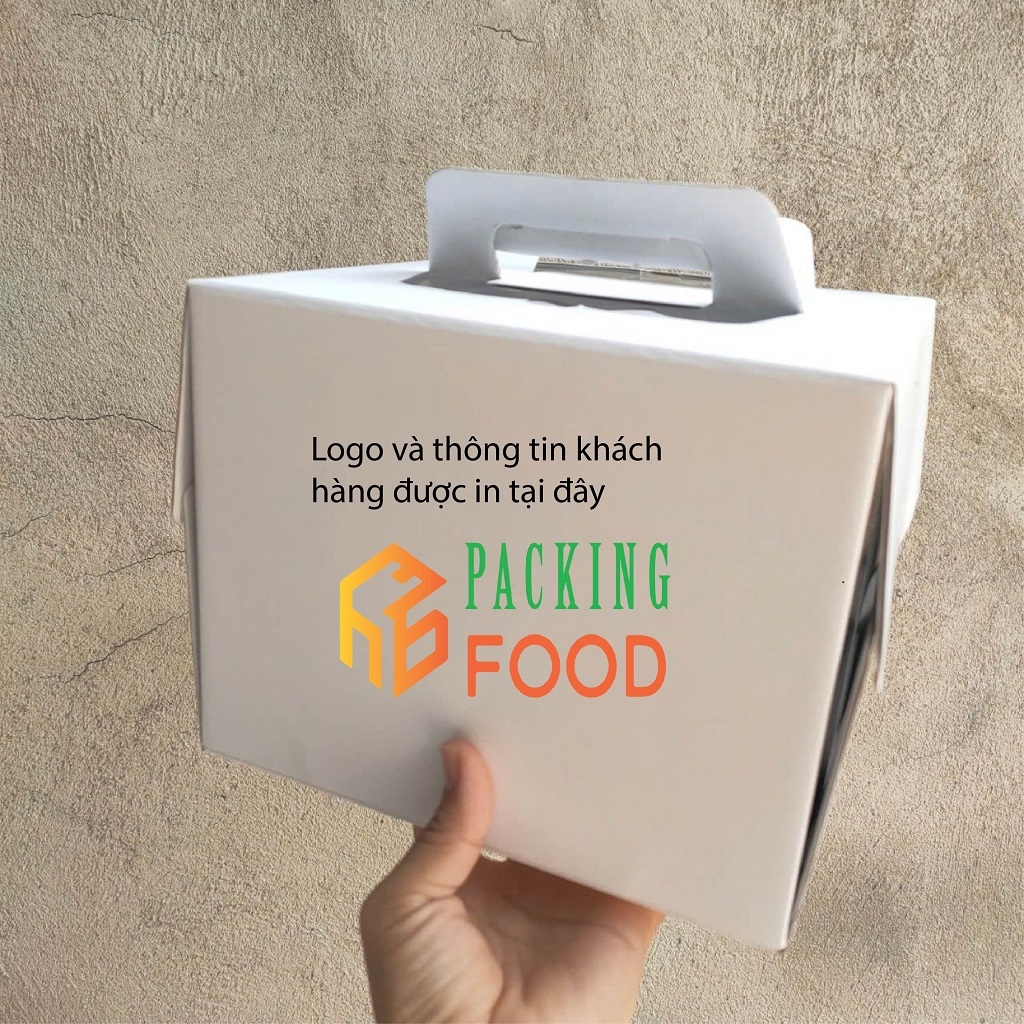 Hộp đựng bánh kem quai xách trắng in logo
