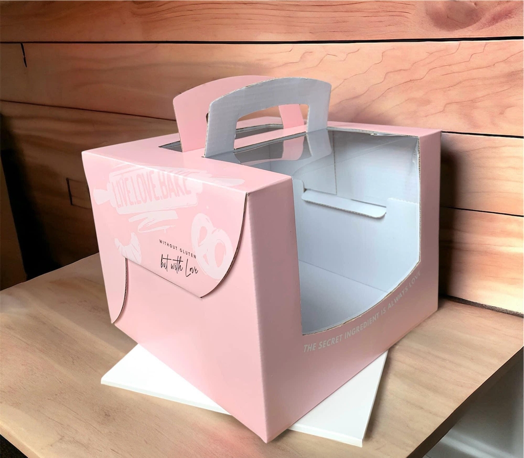 Hộp bánh kem quai xách cửa sổ hồng