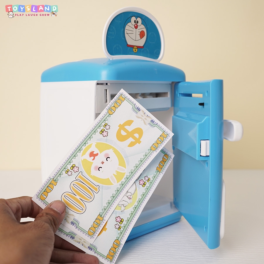 YHD3002  HỘP MÁY RÚT TIỀN ATM PIN DOREMON, MÈO KITTY (VÂN TAY)   YHD-3002 - DOREMON