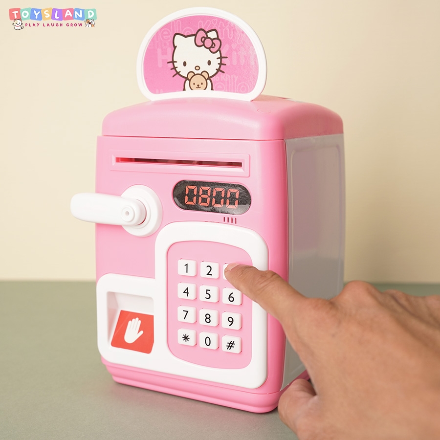 YHD3002  HỘP MÁY RÚT TIỀN ATM PIN DOREMON, MÈO KITTY (VÂN TAY)   YHD-3002 - KITTY