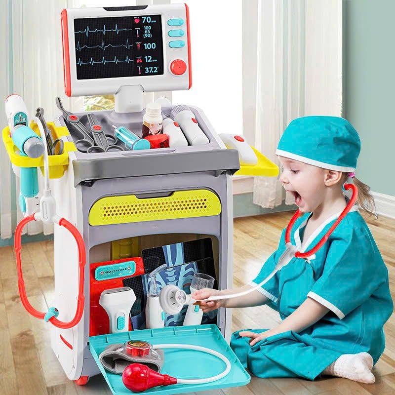 YY6024  HỘP KỆ XE ĐẨY BÁC SĨ PIN (TAI NGHE, MÀN HÌNH ĐO ĐIỆN TIM, ĐÈN PIN, KÉO)