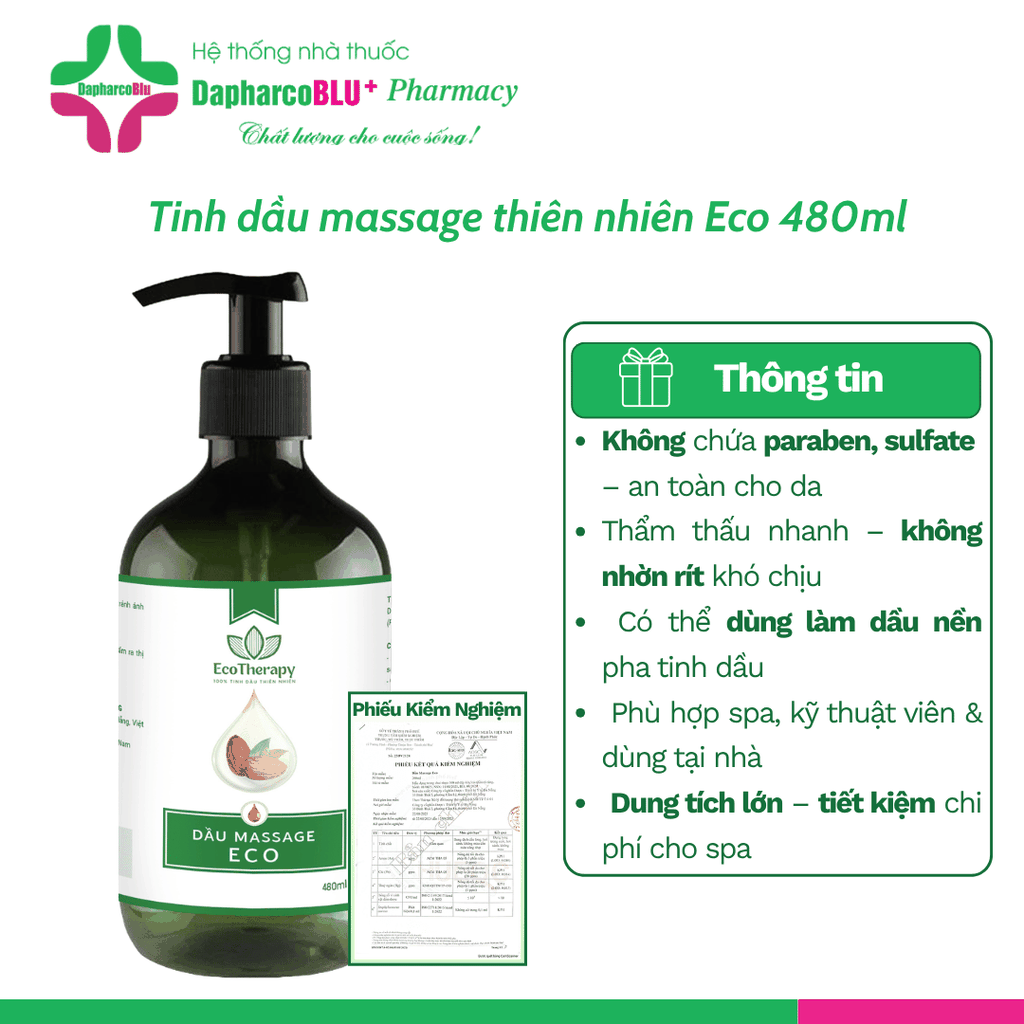 Dầu massage Eco 480ml, Can 5 Lít - Massage Body Dưỡng Ẩm, Thư Giãn, Dầu Nền Pha Tinh Dầu Không Nhờn Rít Dapharco