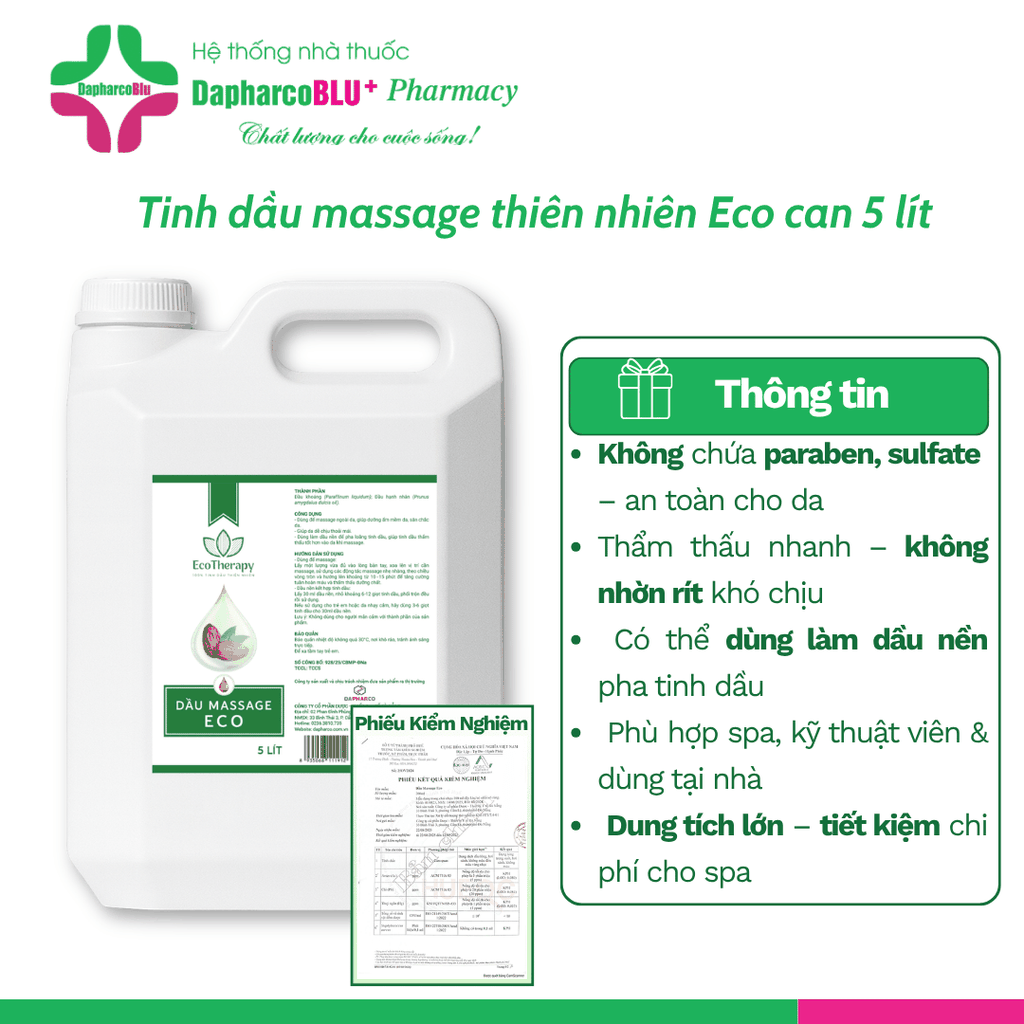 Dầu Massage Eco - Eco Plus 480ml, Can 5 Lít – Dưỡng Ẩm, Thư Giãn, Dầu Nền Pha Tinh Dầu Cho Spa Dapharco