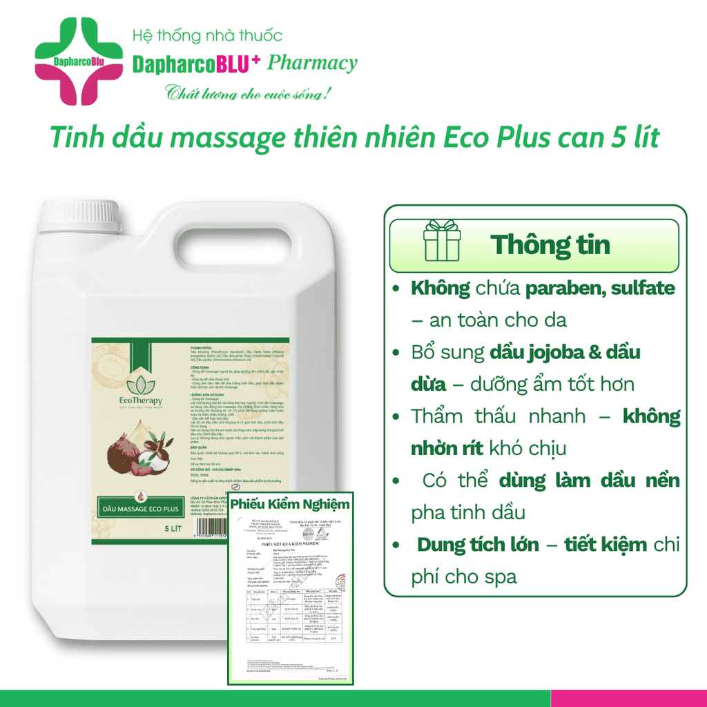 Dầu Massage Eco - Eco Plus 480ml, Can 5 Lít – Dưỡng Ẩm, Thư Giãn, Dầu Nền Pha Tinh Dầu Cho Spa Dapharco
