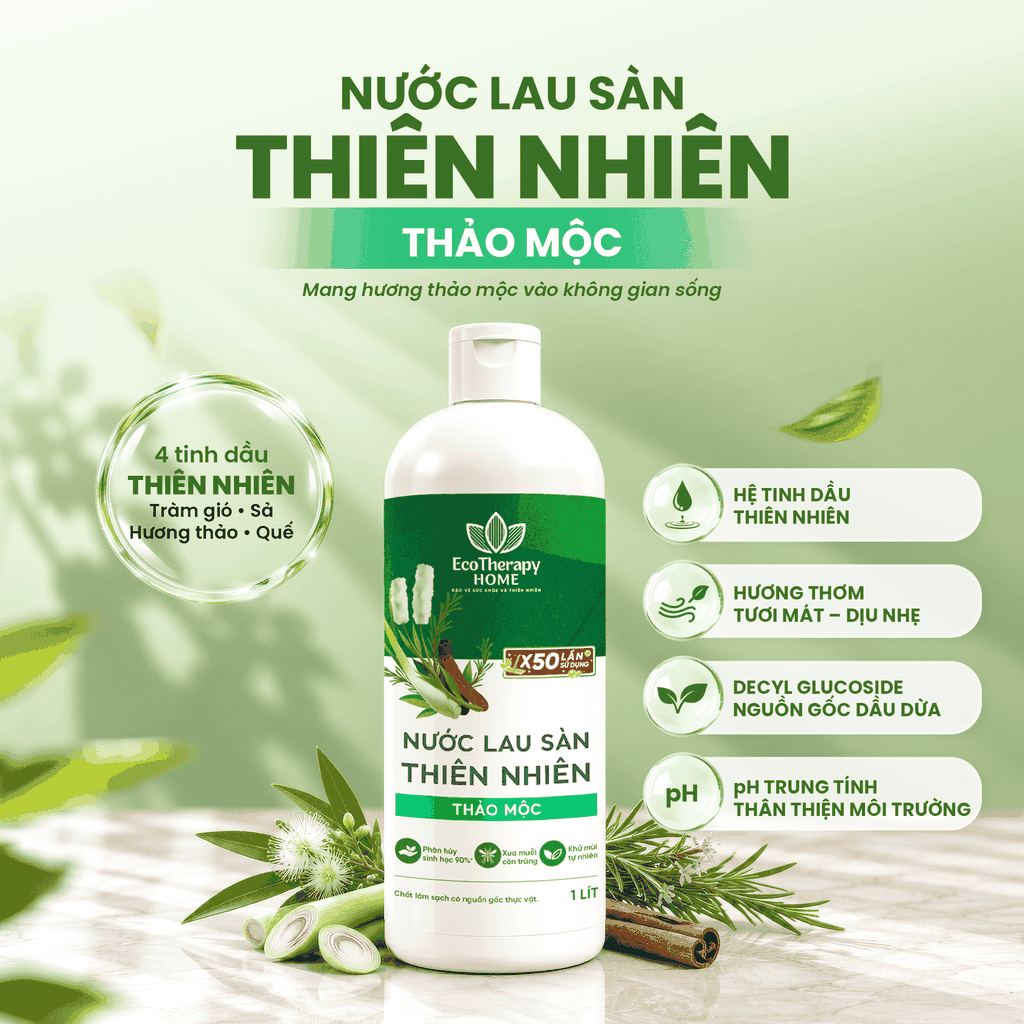 Nước Lau Sàn Thiên Nhiên Thảo Mộc EcoTherapy 1L – Tinh Dầu Tràm, Sả, Hương Thảo, Quế – Làm Sạch Khử Mùi Dapharco