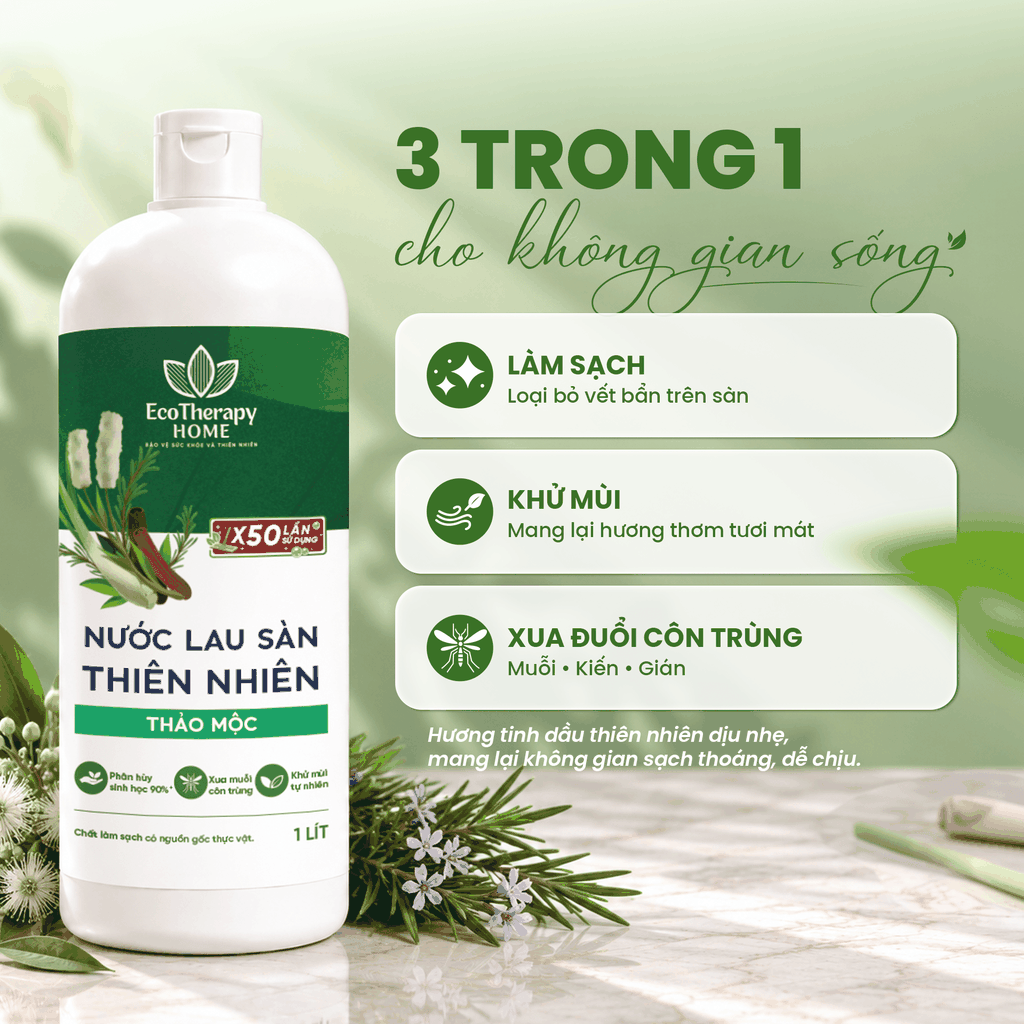Nước Lau Sàn Thiên Nhiên Thảo Mộc EcoTherapy 1L – Tinh Dầu Tràm, Sả, Hương Thảo, Quế – Làm Sạch Khử Mùi Dapharco