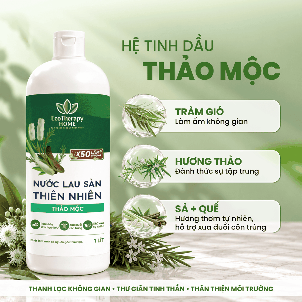 Nước Lau Sàn Thiên Nhiên Thảo Mộc EcoTherapy 1L – Tinh Dầu Tràm, Sả, Hương Thảo, Quế – Làm Sạch Khử Mùi Dapharco