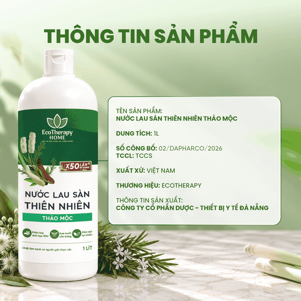 Nước Lau Sàn Thiên Nhiên Thảo Mộc EcoTherapy 1L – Tinh Dầu Tràm, Sả, Hương Thảo, Quế – Làm Sạch Khử Mùi Dapharco