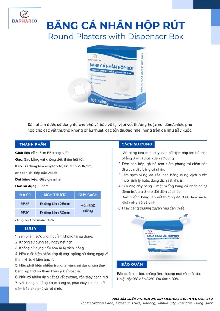 Hộp Rút Băng Cá Nhân 500 Miếng/Hộp - Băng Keo Cá Nhân Y Tế ϕ 25mm