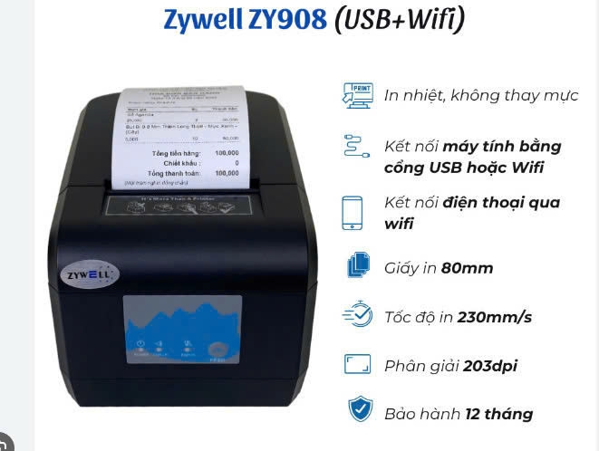 Máy in hoá đơn Zywell ZY908 (USB+Wifi)
