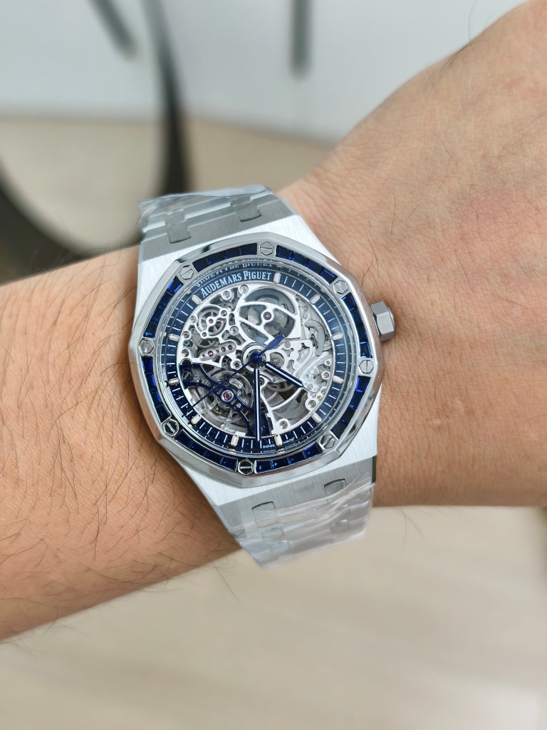 AUDEMARS PIGUET Royal Oak Double Balance Wheel Openworked 15407 Skeleton-Baguette Blue Sapphire Bezel-Stainless Steel