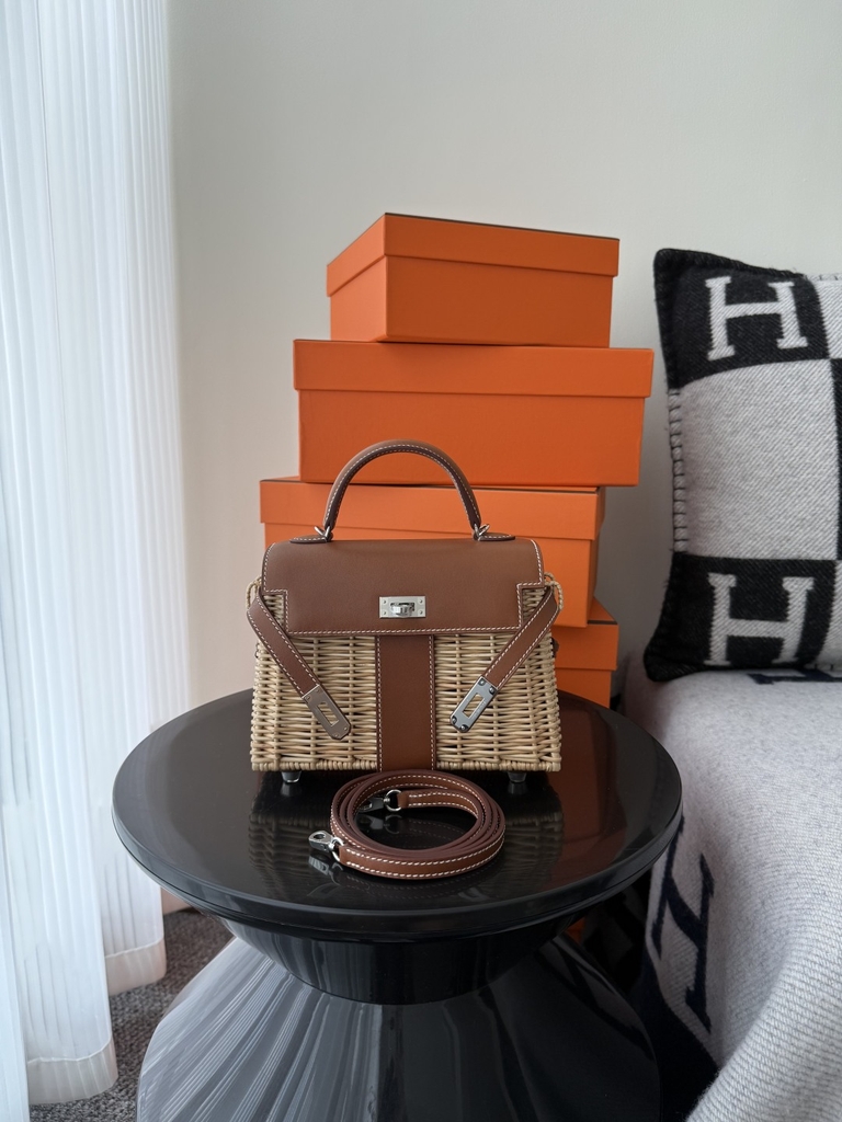 Kelly Mini Picnic Basket 20cm - Gold Brown with Silver Hardware