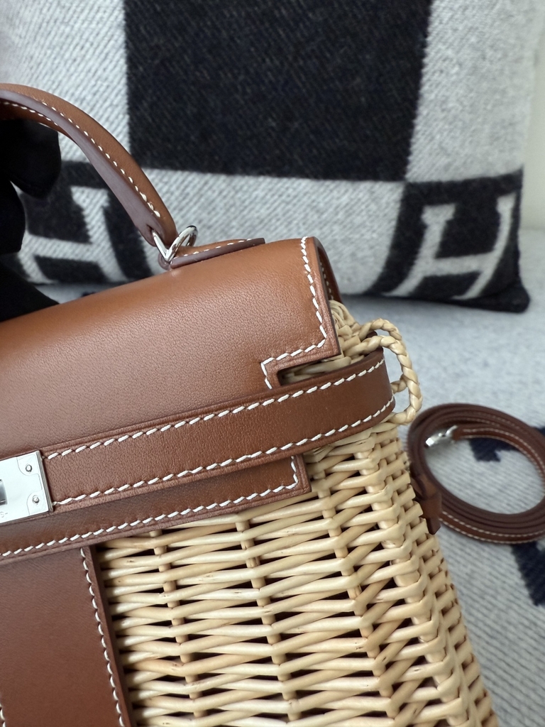 Kelly Mini Picnic Basket 20cm - Gold Brown with Silver Hardware