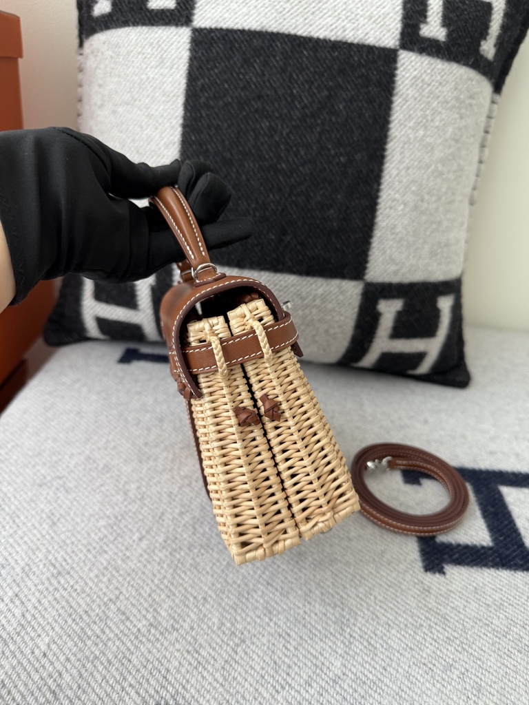 Kelly Mini Picnic Basket 20cm - Gold Brown with Silver Hardware