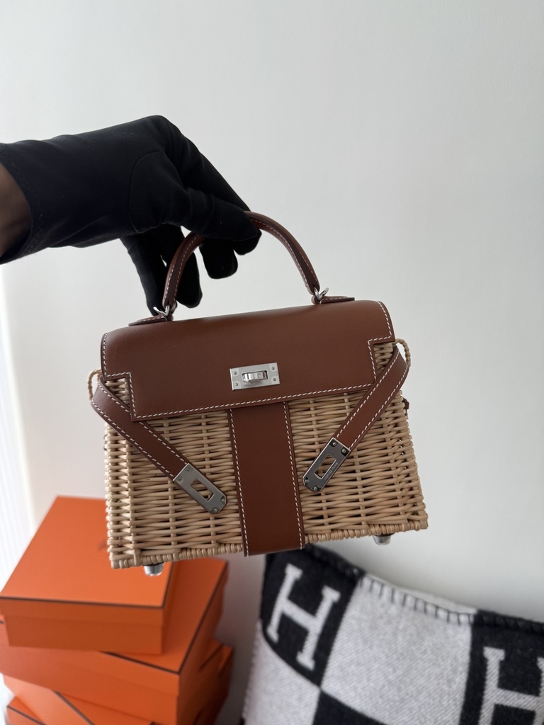 Kelly Mini Picnic Basket 20cm - Gold Brown with Silver Hardware