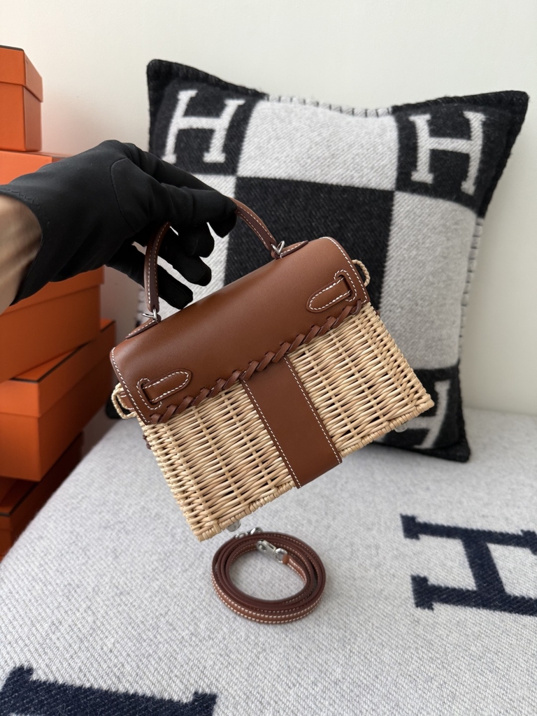 Kelly Mini Picnic Basket 20cm - Gold Brown with Silver Hardware