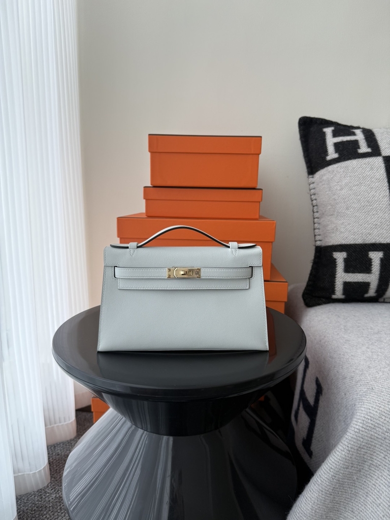 Kelly Pochette 22cm Original Leather Swift Skin N4 Gris Platine