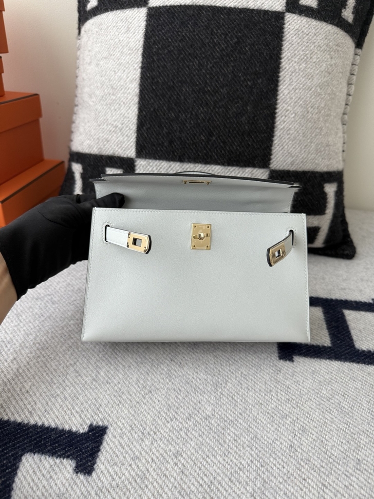 Kelly Pochette 22cm Original Leather Swift Skin N4 Gris Platine