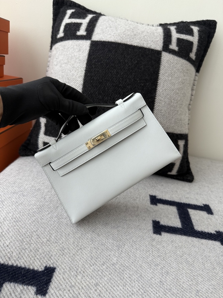 Kelly Pochette 22cm Original Leather Swift Skin N4 Gris Platine