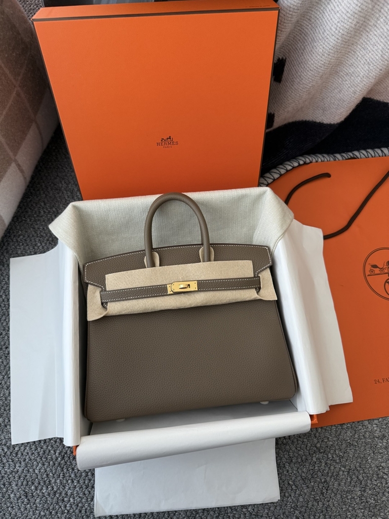 Birkin 25cm Togo Leather Handbag in Etoupe Grey with Gold Hardware