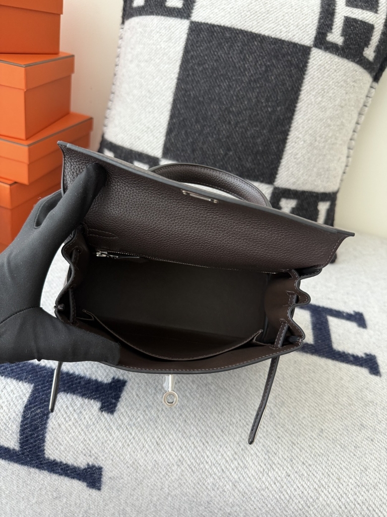 Kelly 25cm Togo Original Leather Bag CC46 Ebene Silver Hardware